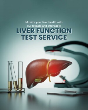 Image depicting a liver and medical equipment promoting a liver function test service.