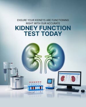 Image depicting kidney function test with kidneys, lab equipment, and computer screen.