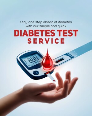 Image of a hand holding a diabetes test strip with a drop of blood, promoting a diabetes testing service.