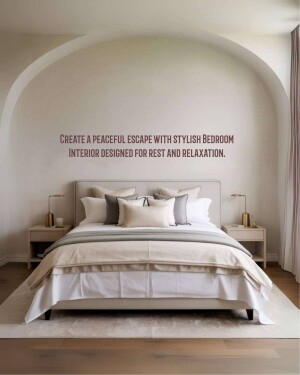 A beautifully designed bedroom with a large arched wall and neutral color palette.