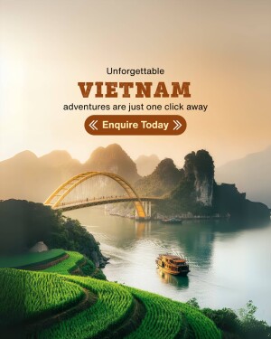 Scenic view of Ha Long Bay, Vietnam with a golden bridge and a boat, promoting travel adventures.