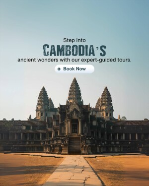 Angkor Wat temple in Cambodia with text promoting guided tours
