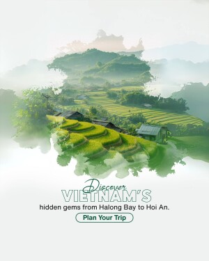 Scenic view of rice terraces in Vietnam with text 'Discover Vietnam's hidden gems from Halong Bay to Hoi An'