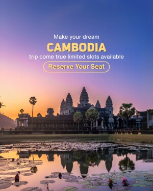 Angkor Wat temple in Cambodia at sunrise with travel promotion text