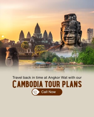 Angkor Wat temple in Cambodia with a promotional text for tour plans.