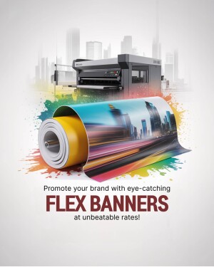 Large format printer with a flex banner roll, showcasing vibrant colors and city skyline print.