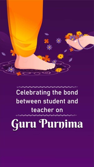 Guru Purnima greeting with feet adorned with flowers and a student offering flowers to a teacher.