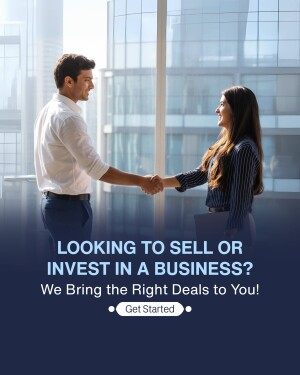 Two business professionals shaking hands in a modern office lobby with text promoting business investment.