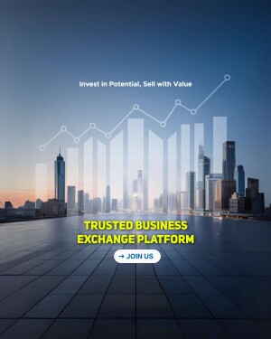 City skyline with growth chart overlay and text promoting a trusted business exchange platform.
