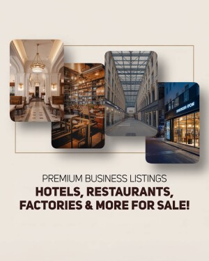 Collage of business listings including hotels, restaurants, and factories for sale.