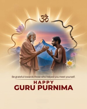 Image depicting a Guru and disciple with a mountain backdrop and spiritual symbols for Guru Purnima.