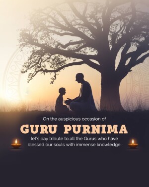Image depicting a Guru and disciple silhouetted against a sunset, with text wishing a Happy Guru Purnima.