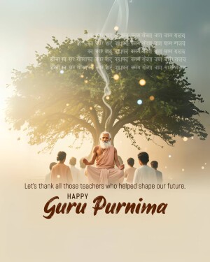 Guru Purnima celebration with a guru meditating under a tree and devotees