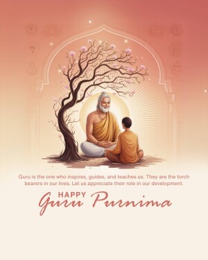 Illustration of a Guru and disciple meditating under a tree with a Guru Purnima greeting.