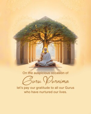 Image depicting a Guru meditating under a tree with a temple backdrop, celebrating Guru Purnima.