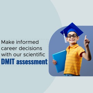 A young boy in a graduation cap and glasses pointing upwards, promoting a DMIT career assessment.