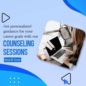 Image promoting career counseling sessions with a woman working on a laptop.