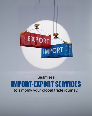 Two shipping containers labeled 'EXPORT' and 'IMPORT' suspended in front of a large moon, with text promoting seamless import-export services.