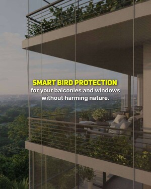 Balcony with bird protection netting and lush greenery