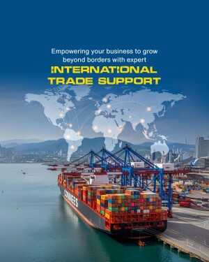 Image depicting international trade with a world map, shipping containers, and a port.