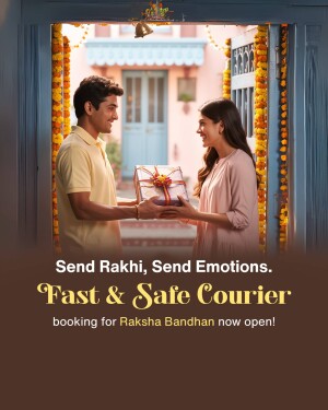 A couple exchanging a Rakhi gift with a courier service advertisement.