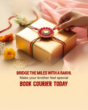A gold gift box tied with a colorful Rakhi and ribbons, with text promoting courier services for Raksha Bandhan.