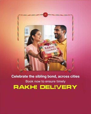 Brother and sister exchanging Rakhi gift with text 'Celebrate the sibling bond, across cities'