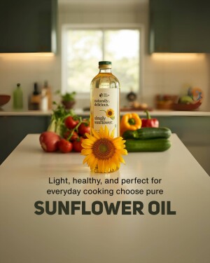 Bottle of sunflower oil with fresh vegetables and a sunflower on a kitchen counter