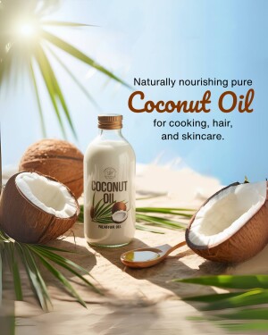 Bottle of coconut oil with coconuts on a beach