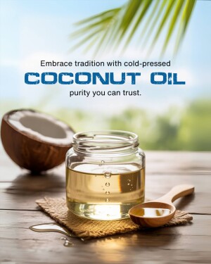 A jar of cold-pressed coconut oil with a coconut and wooden spoon on a rustic surface.