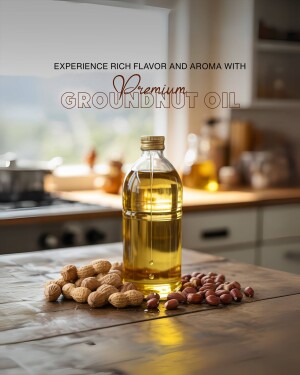 Bottle of groundnut oil with peanuts in a kitchen setting