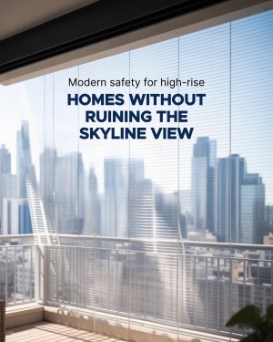 A balcony with an invisible safety net protecting against falls, showcasing a clear skyline view.