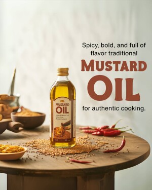 Bottle of mustard oil with spices and ingredients