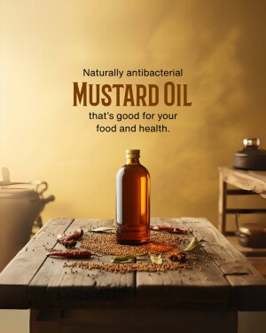 Bottle of mustard oil with spices on a wooden table