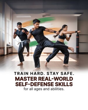 Three martial arts practitioners training in a gym with Indian flag colors in the background.