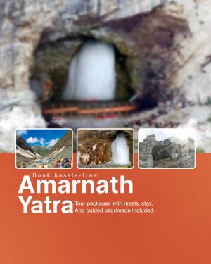 Amarnath Yatra advertisement with a cave and waterfall