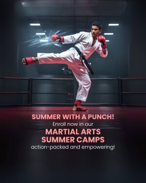 A young martial artist performing a kick in a dojo, promoting summer martial arts camps.