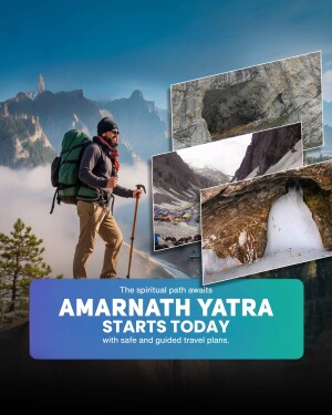 A promotional image for Amarnath Yatra featuring a hiker and scenes from the pilgrimage.