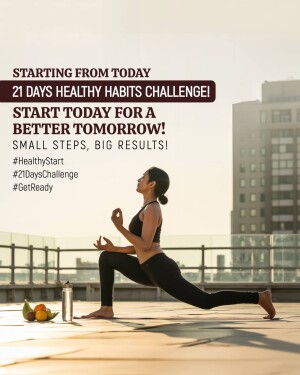 Woman doing a lunge exercise on a rooftop with a cityscape background, promoting a 21-day health challenge.