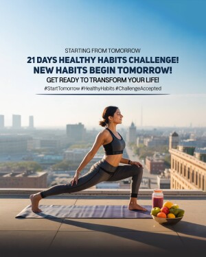 Woman doing yoga on a rooftop with a cityscape background and healthy food, promoting a 21-day habits challenge.
