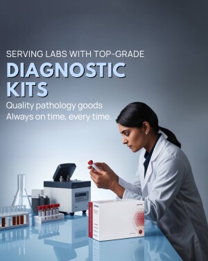 A female scientist examining a diagnostic kit in a laboratory setting.