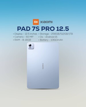 Xiaomi Pad 7S Pro 12.5 tablet in silver color, showcasing its back design and specifications.