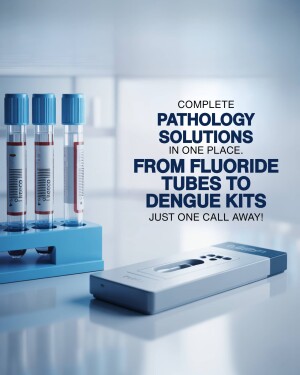 Medical laboratory equipment with test tubes and a dengue test kit.
