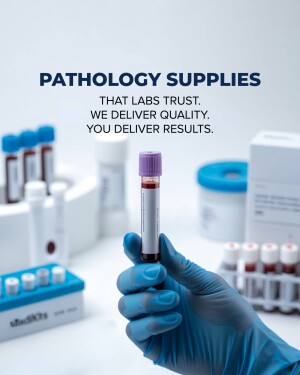 Image of a gloved hand holding a blood sample tube with pathology supplies in the background.