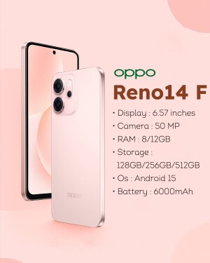 Pink OPPO Reno14 F smartphone with specifications