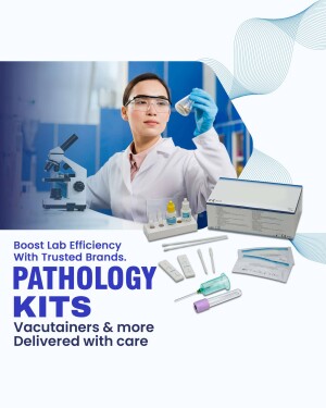 Scientist working in a laboratory with pathology kits and equipment.