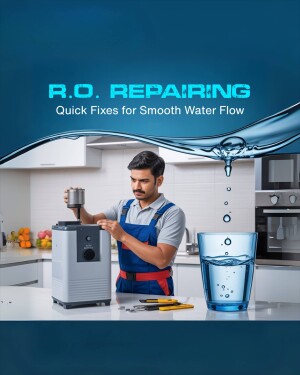 A technician repairing a RO water purifier in a kitchen setting.
