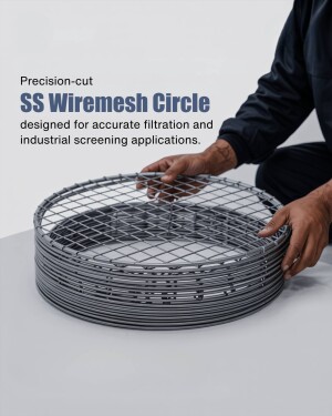 Close-up of a person holding a stack of stainless steel wiremesh circles.