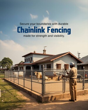 A man inspecting a chainlink fence around a property with livestock.