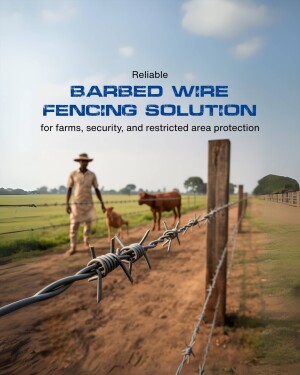 Image of a man walking a cow near a barbed wire fence in a rural landscape.